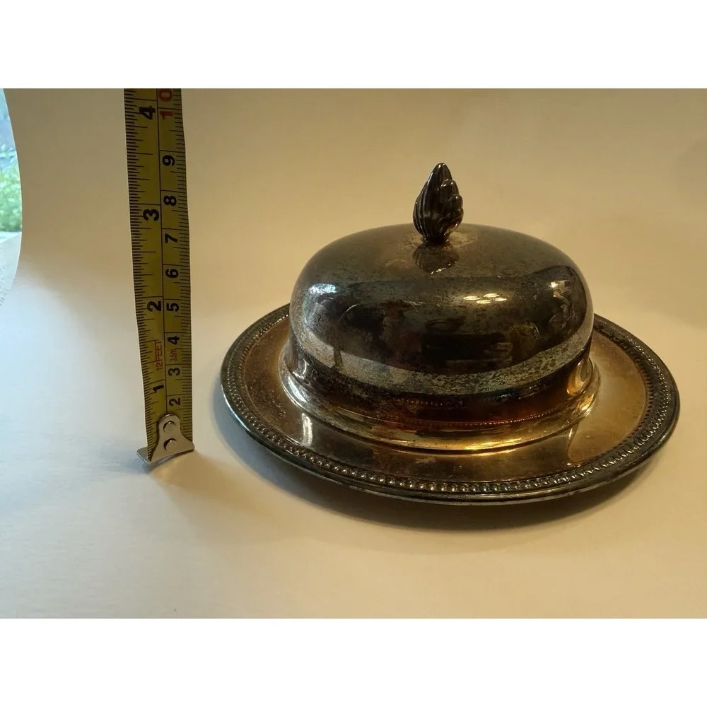 Vintage Oneida Silverplate Round Covered Butter Dish Plastic Liner Plate w/ Top
